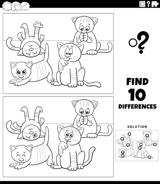 Ilustración de dibujos animados en blanco y negro de encontrar las diferencias entre imágenes juego educativo con divertidos gatos o gatitos página para colorear de grupo de personajes de animales cómicos