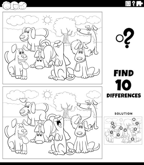 Ilustración de dibujos animados en blanco y negro de encontrar las diferencias entre imágenes juego educativo con perros divertidos página para colorear de grupo de personajes de animales