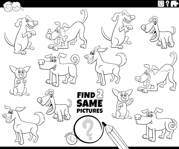 Ilustración de dibujos animados en blanco y negro de encontrar dos mismas imágenes juego educativo con personajes de animales de perros cómicos página para colorear