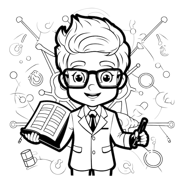 Vector ilustración de dibujos animados en blanco y negro de un escolar o profesor personaje con símbolos educativos a su alrededor libro de colorear