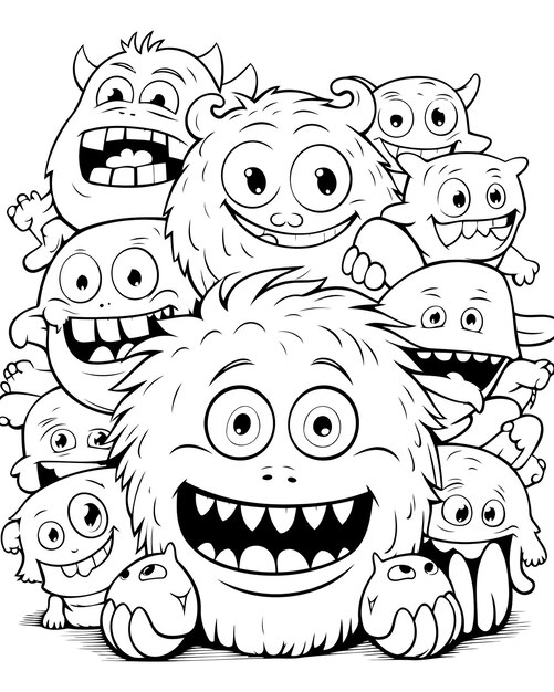 Vector ilustración de dibujos animados en blanco y negro de funny monsters group para libro de colorear