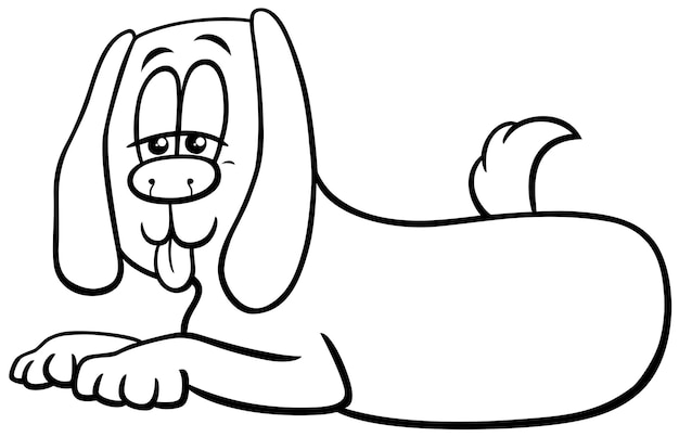 Ilustración de dibujos animados en blanco y negro de un gracioso perro o cachorro de personaje animal cómico acostado y descansando página para colorear