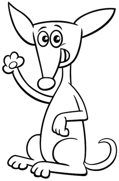 Ilustración de dibujos animados en blanco y negro de un gracioso personaje animal cómico de perro o cachorro agitando su pata para colorear página