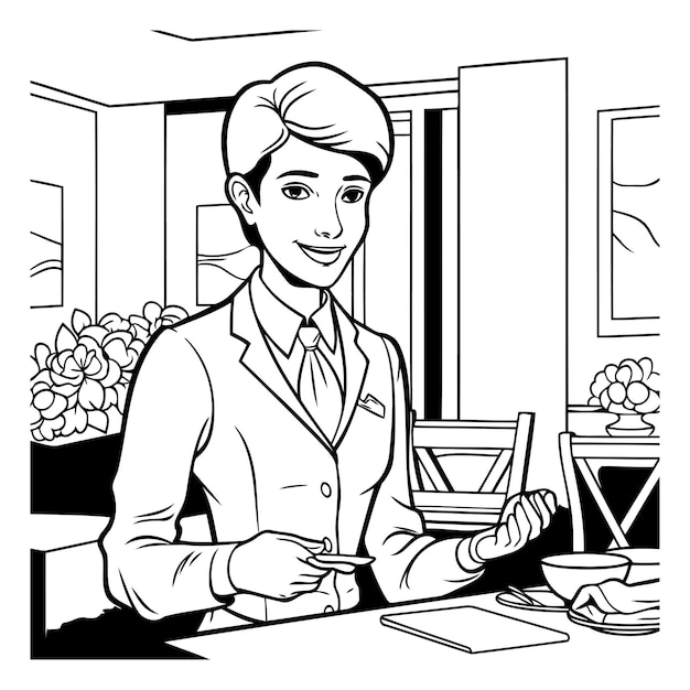Vector ilustración de dibujos animados en blanco y negro de un joven empresario bebiendo café en el café