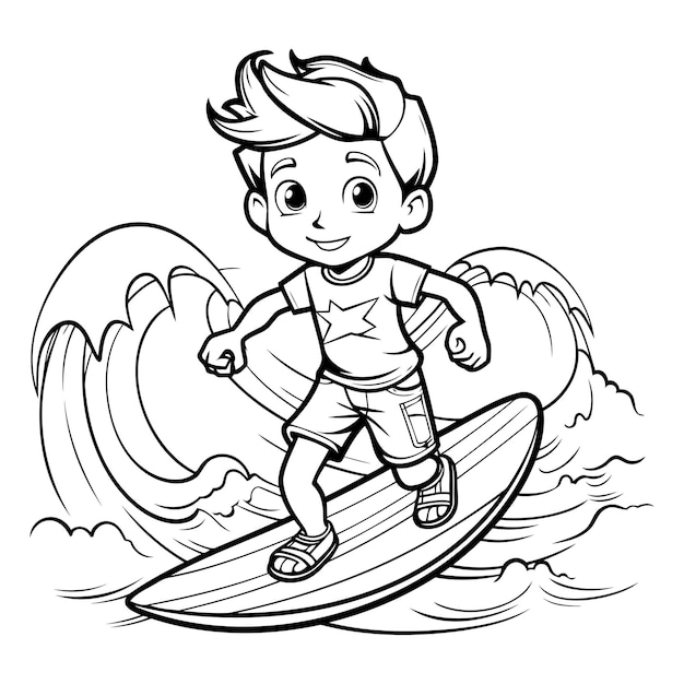 Ilustración de dibujos animados en blanco y negro de Kid Surfing o Extreme Sport Libro para colorear