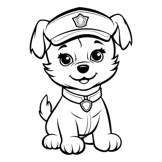 Ilustración de dibujos animados en blanco y negro de un lindo cachorro de policía para libro de colorear