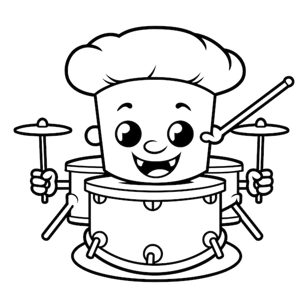 Vector ilustración de dibujos animados en blanco y negro del lindo chef drummer