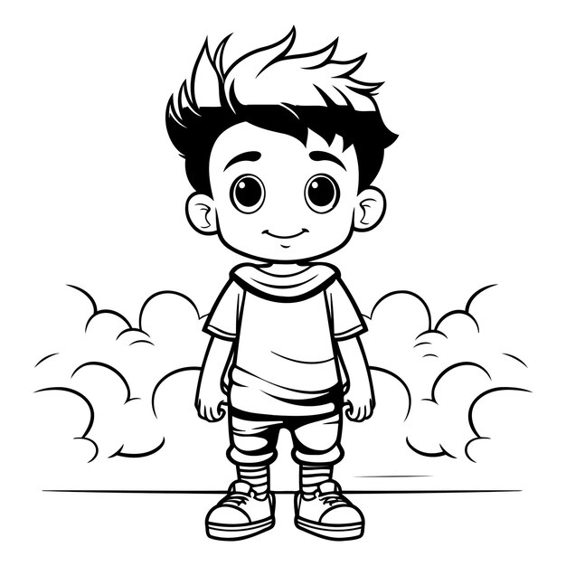 Vector ilustración de dibujos animados en blanco y negro de un lindo niño o personaje para colorear