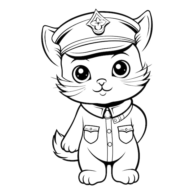 Vector ilustración de dibujos animados en blanco y negro de un lindo oficial de policía gato libro de colorear