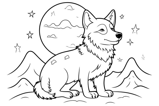Ilustración de dibujos animados en blanco y negro de lindo personaje animal lobo para libro de colorear