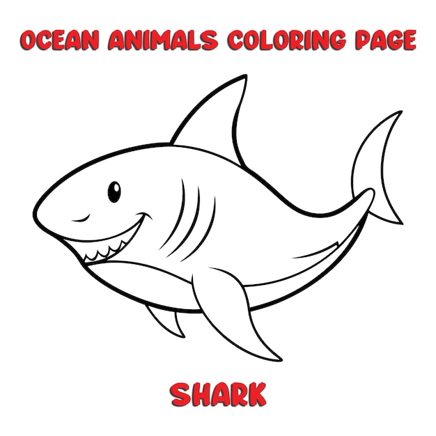 Ilustración de dibujos animados en blanco y negro de lindo personaje animal de tiburón para libro de colorear