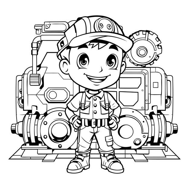 Vector ilustración de dibujos animados en blanco y negro del lindo personaje de bombero