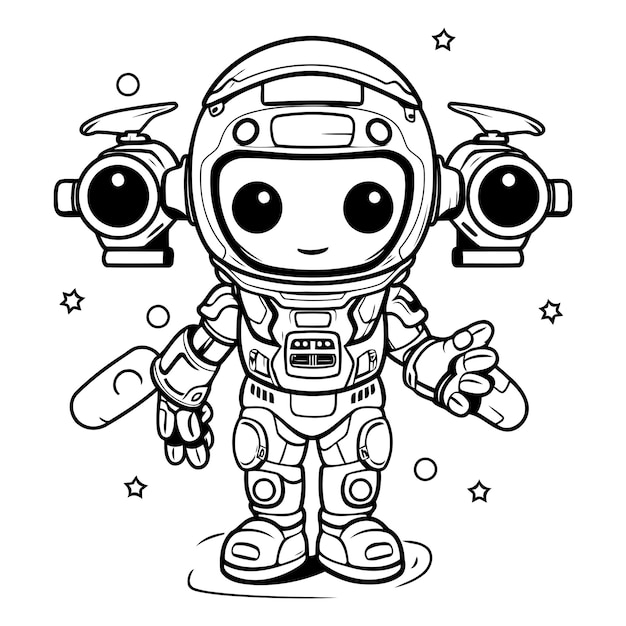 Vector ilustración de dibujos animados en blanco y negro de un lindo personaje de cómic astronauta para libro de colorear