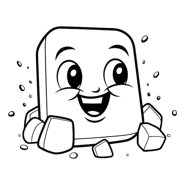 Ilustración de dibujos animados en blanco y negro de un lindo personaje de cubito de hielo para libro de colorear