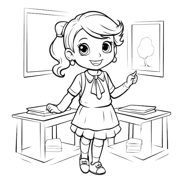 Ilustración de dibujos animados en blanco y negro de una niña escolar linda posando en el aula