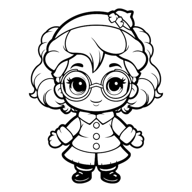 Ilustración de dibujos animados en blanco y negro de una niña linda con gafas Libro de colorear