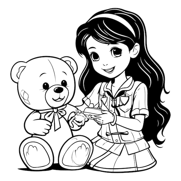 Ilustración de dibujos animados en blanco y negro de una niña que sostiene un oso de peluche
