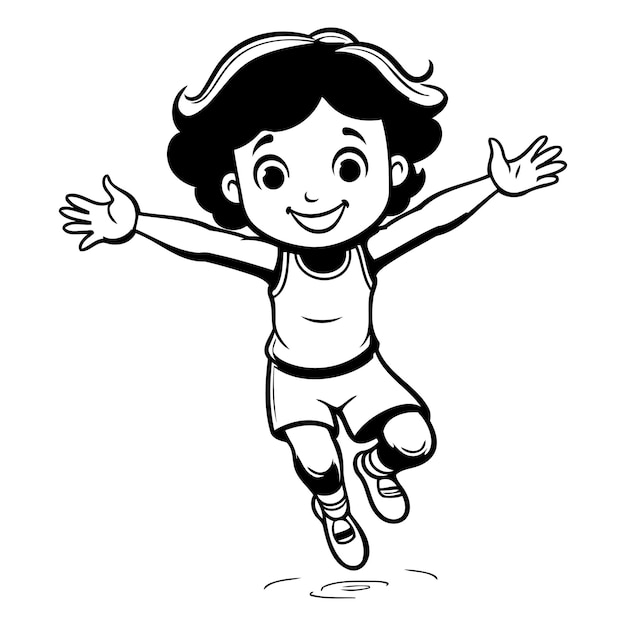 Ilustración de dibujos animados en blanco y negro de una niña saltando o corriendo