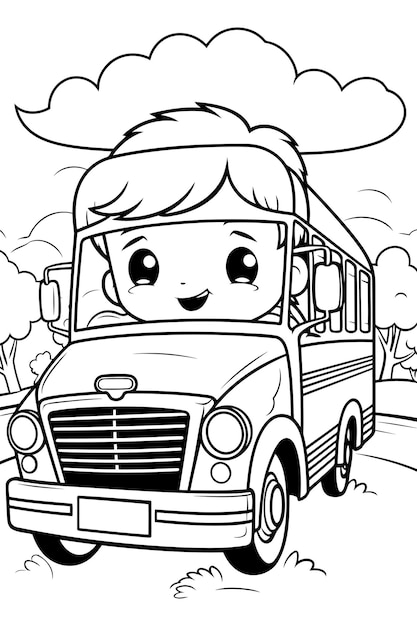 Ilustración de dibujos animados en blanco y negro de un niño lindo conduciendo un autobús escolar para colorear