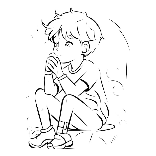 Vector ilustración de dibujos animados en blanco y negro de un niño sentado y pensando en algo