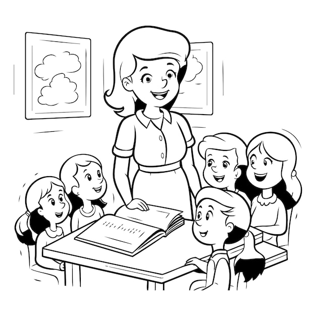 Ilustración de dibujos animados en blanco y negro de niños de escuela primaria estudiando o aprendiendo en el aula