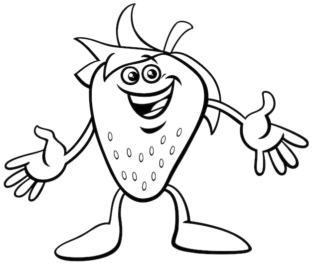 Ilustración de dibujos animados en blanco y negro de la página para colorear de personaje cómico de fruta de fresa divertida