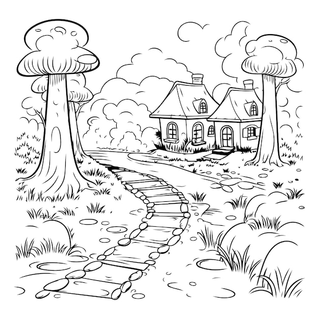 Ilustración de dibujos animados en blanco y negro de un paisaje rural con una casa pequeña