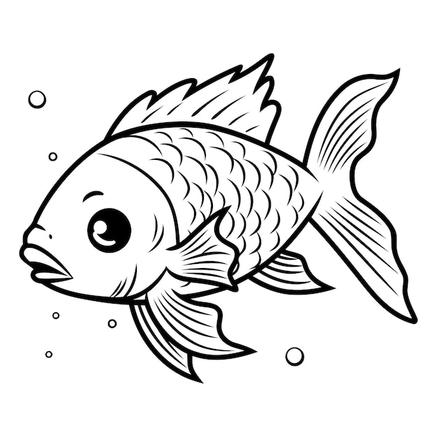 Vector ilustración de dibujos animados en blanco y negro de un personaje animal de pescado lindo para libro de colorear