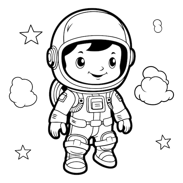 Vector ilustración de dibujos animados en blanco y negro del personaje del astronauta