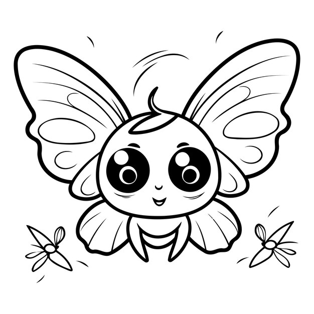 Vector ilustración de dibujos animados en blanco y negro del personaje de la mariposa linda libro de colorear