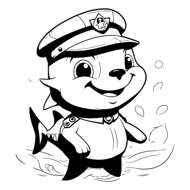 Vector ilustración de dibujos animados en blanco y negro de un personaje de policía bebé lindo para libro de colorear