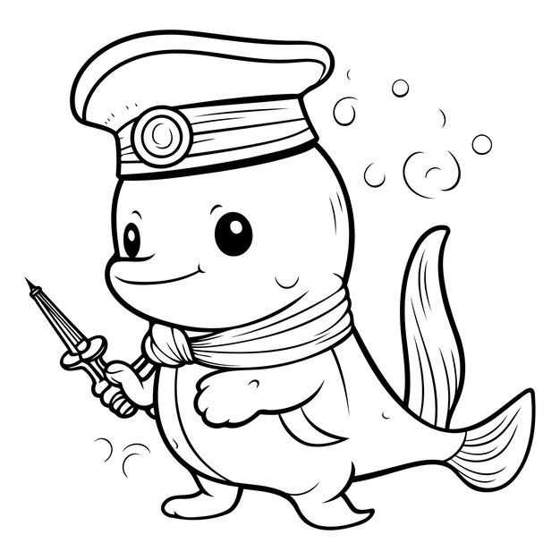 Vector ilustración de dibujos animados en blanco y negro del personaje de la policía cute little fish