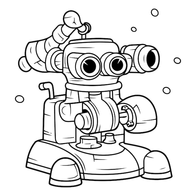 Vector ilustración de dibujos animados en blanco y negro de un personaje robot con microscopio para libro de colorear