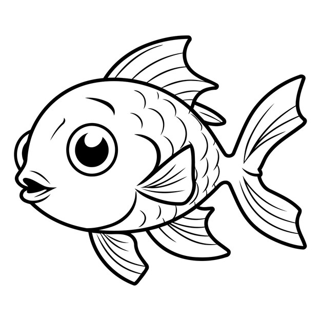 Vector ilustración de dibujos animados en blanco y negro de personajes de peces y animales