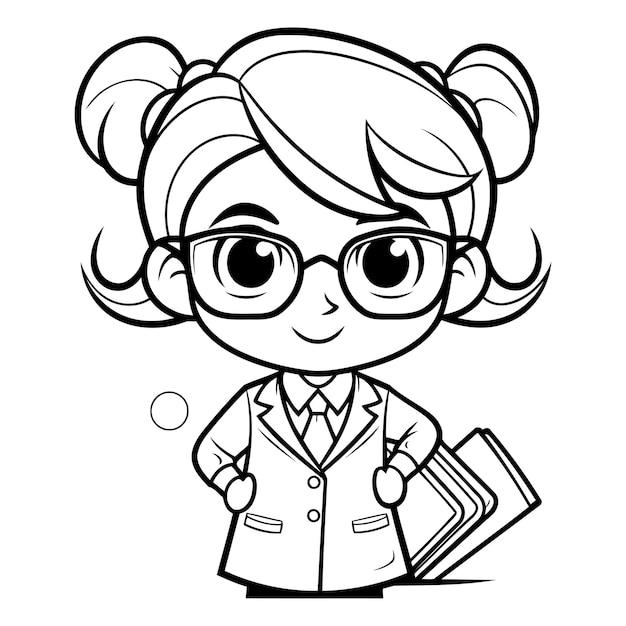 Vector ilustración de dibujos animados en blanco y negro de un simpático personaje estudiantil para libro de colorear