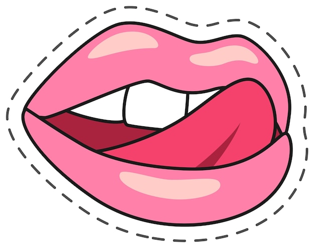 Ilustración de dibujos animados de la boca abierta de la hembra con la lengua lamiendo aislada sobre un fondo blanco dibujo sensual con línea punteada alrededor