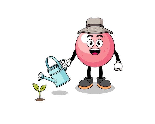 Ilustración de dibujos animados de bola de goma regando la planta
