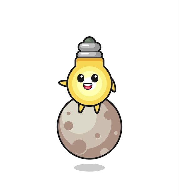 Ilustración de dibujos animados de bombilla sentada en la luna, diseño de estilo lindo para camiseta, pegatina, elemento de logotipo