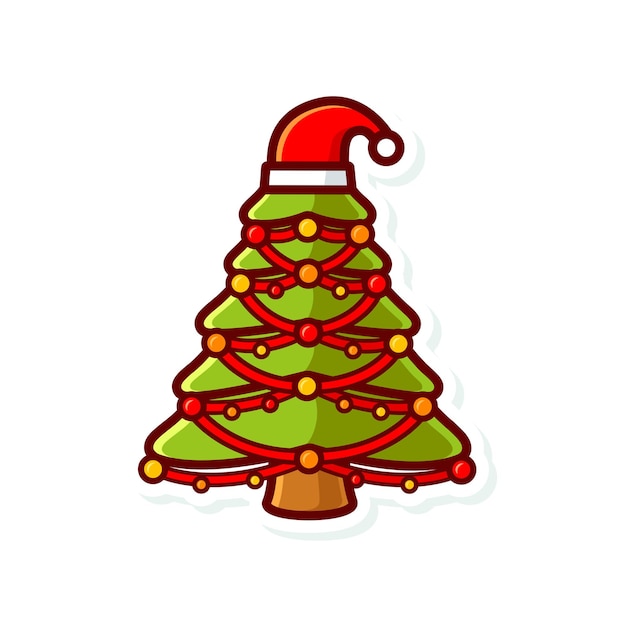 Ilustración de dibujos animados bonito árbol de Navidad con luces decorativas de colores y contorno de sombrero de Santa adecuado para icono de pegatina de logotipo, etc.