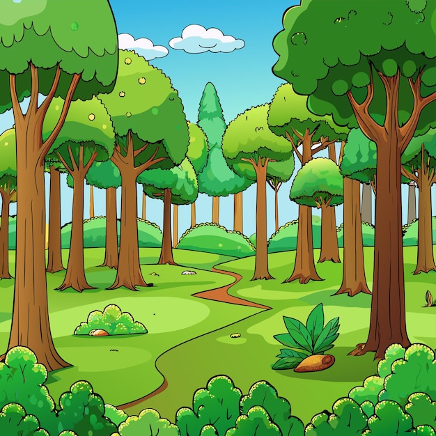una ilustración de dibujos animados de un bosque con árboles y un camino