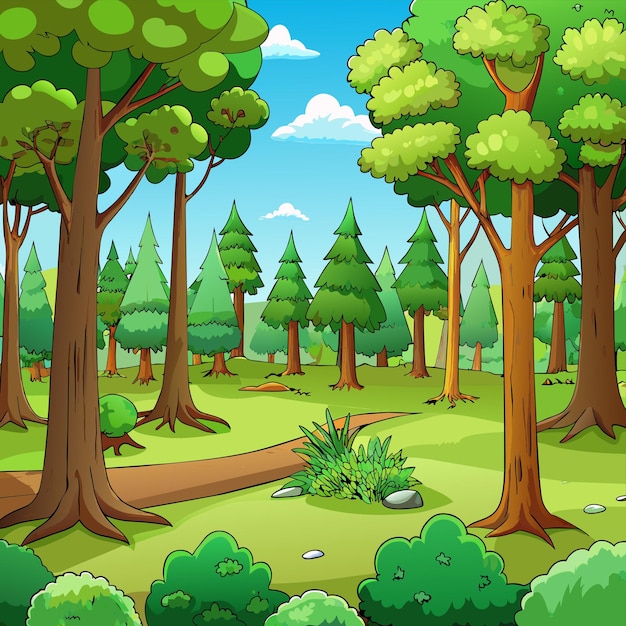 una ilustración de dibujos animados de un bosque con árboles y hierba
