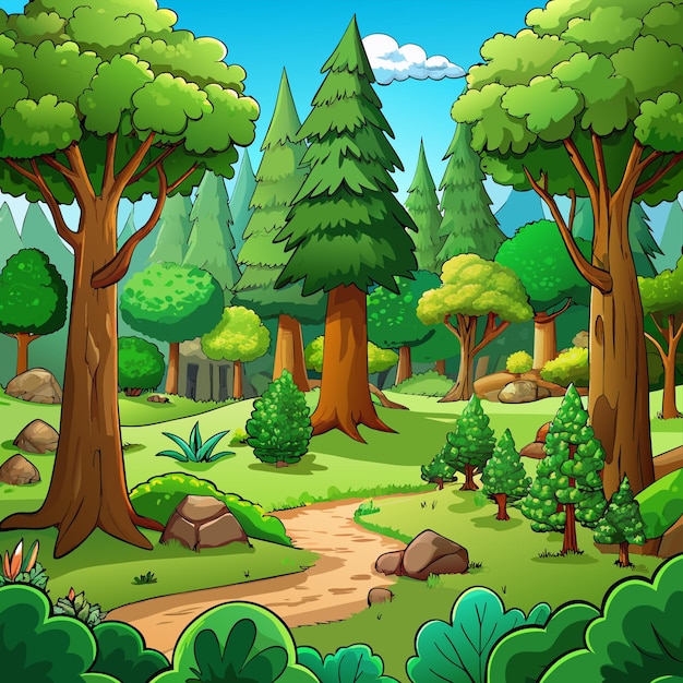 una ilustración de dibujos animados de un bosque con árboles y hierba