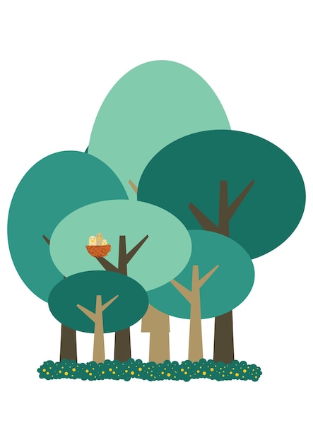 una ilustración de dibujos animados de un bosque con árboles y un pájaro en la parte superior