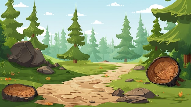 Vector una ilustración de dibujos animados de un bosque con árboles y rocas