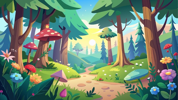 una ilustración de dibujos animados de un bosque con un bosque y setas