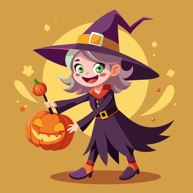 una ilustración de dibujos animados de una bruja con una calabaza y un sombrero de bruja