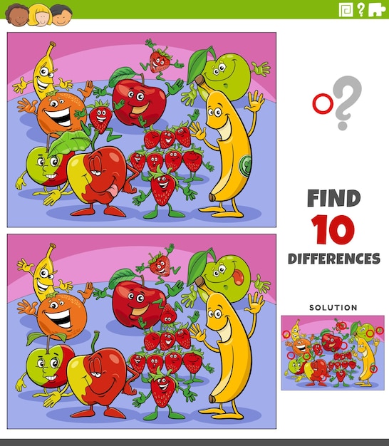 Vector ilustración de dibujos animados de la búsqueda de las diferencias actividad educativa con personajes de fruta