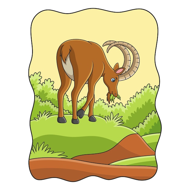 Ilustración de dibujos animados una cabra montés caminando en medio del prado en busca de comida por la mañana