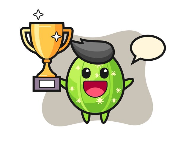 Ilustración de dibujos animados de cactus es feliz sosteniendo el trofeo de oro