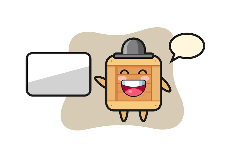 Vector ilustración de dibujos animados de caja de madera haciendo una presentación, diseño de estilo lindo para camiseta, pegatina, elemento de logotipo